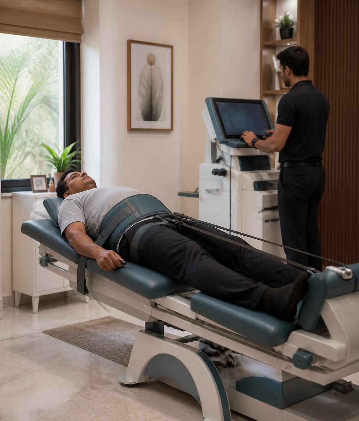 Patient receiving computer-controlled non-surgical spinal decompression therapy at the Back2Health clinic in Greater Kailash, New Delhi